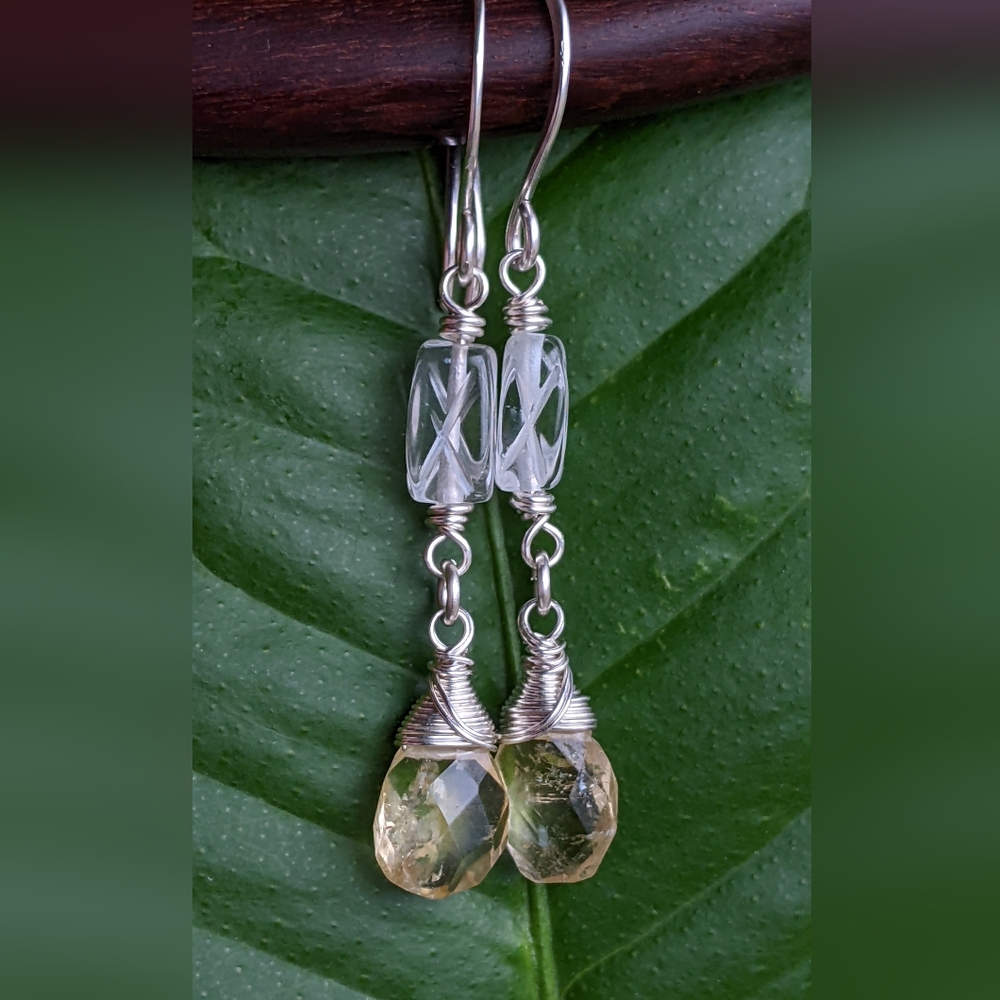Sterling Silver Citrine Drop Earrings With Carved Clear Quartz Gems - Picture 12 of 13